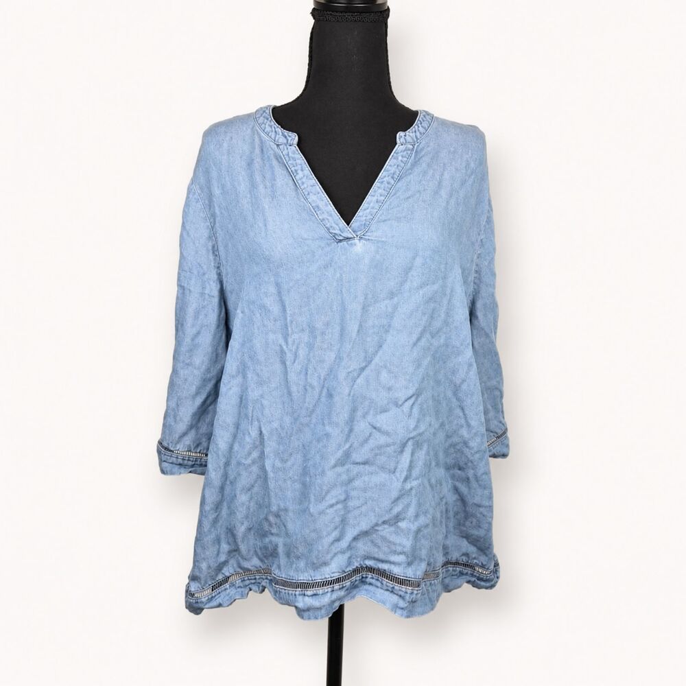 Chico's Chambray Tencel Linen Popover Blouse Lightweight Boho